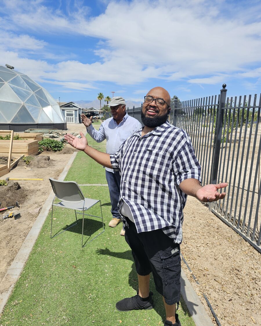 Chef Andrew Collins at the GreenSideUp vertical farm dome
