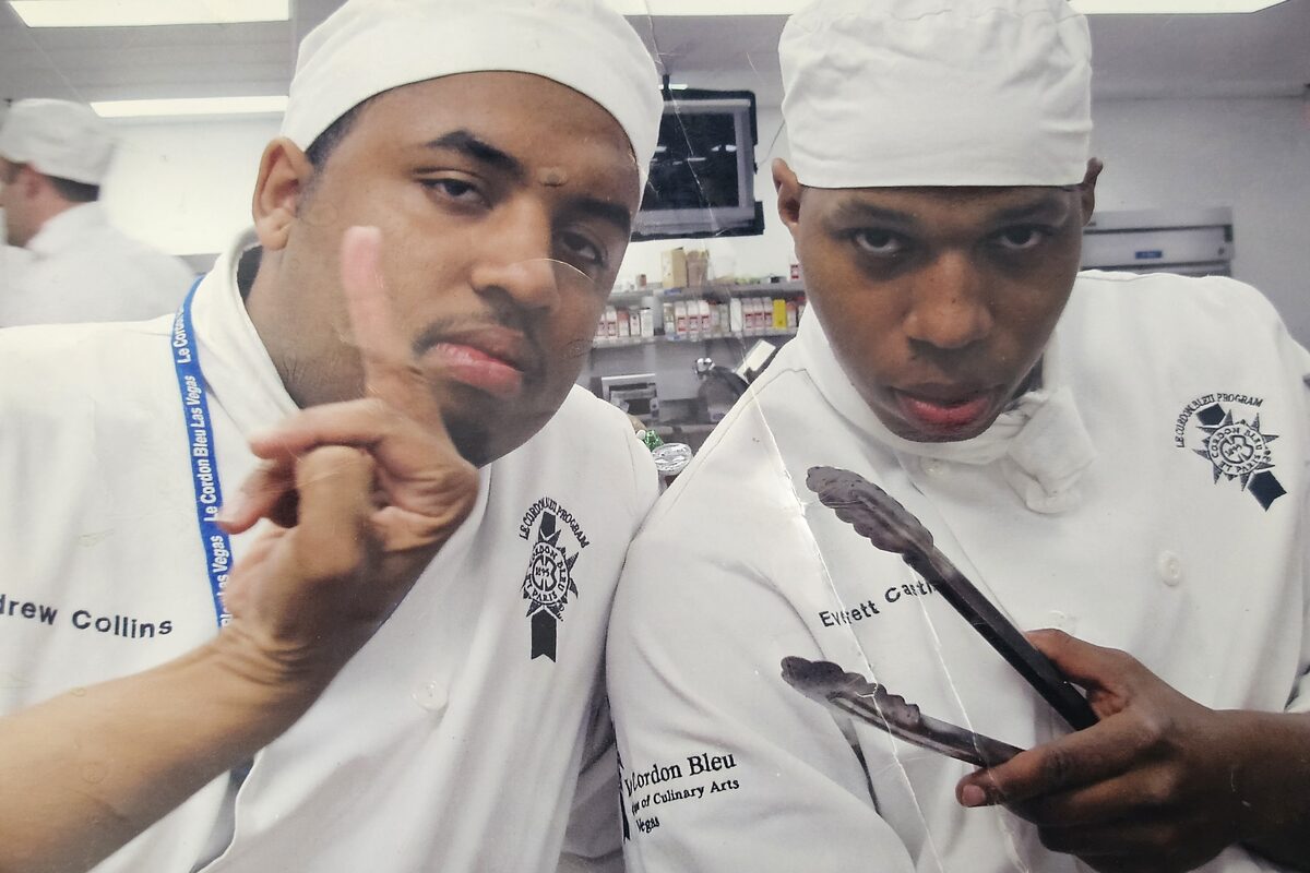 Chef Andrew Collins (left) during culinary training at Le Cordon Bleu