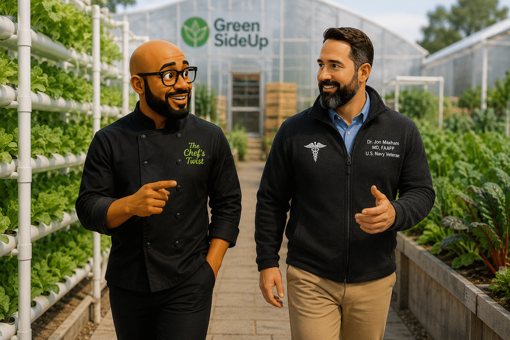 Chef Andrew with Dr. Jon Maxham at the GreenSideUp farm — food as medicine before the clinic