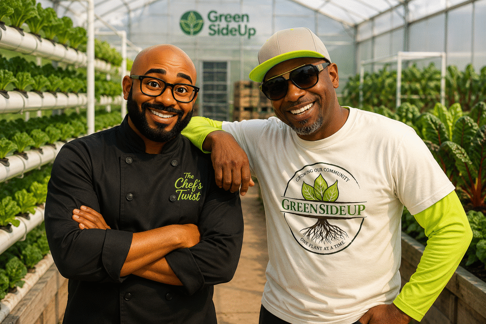 Chef Andrew with Chef Mitch in the GreenSideUp vertical farm greenhouse