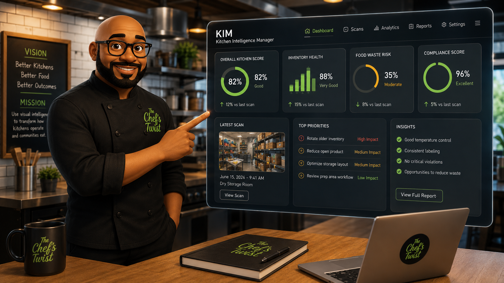 Chef Andrew presenting the KIM Kitchen Intelligence Manager dashboard